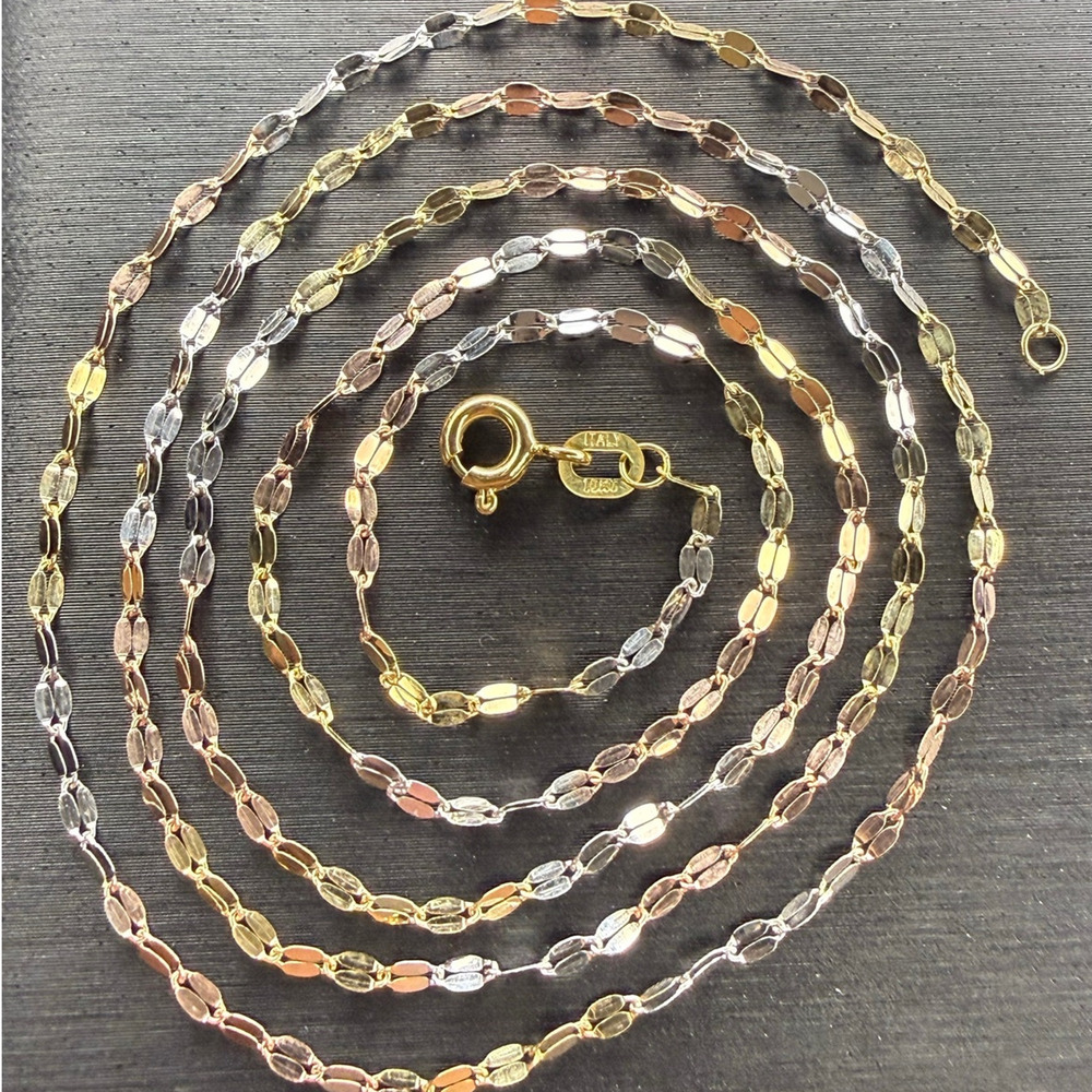 Solid 10k White Rose Yellow Gold Mirror Link Chain Necklace 24” Long 2mm Wide